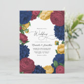 Navy, Burgundy & Gold Floral Wedding Einladung (Stehend Vorderseite)