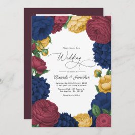 Navy, Burgundy & Gold Floral Wedding Einladung
