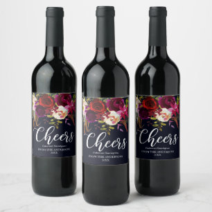 Navy Burgundy Marsala Rustic Boho Floral Cheers Weinetikett