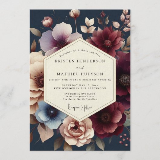 Navy Burgundy Moody Bloom Wedding Einladung (Vorderseite)