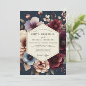 Navy Burgundy Moody Bloom Wedding Einladung (Stehend Vorderseite)