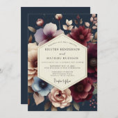 Navy Burgundy Moody Bloom Wedding Einladung (Vorne/Hinten)