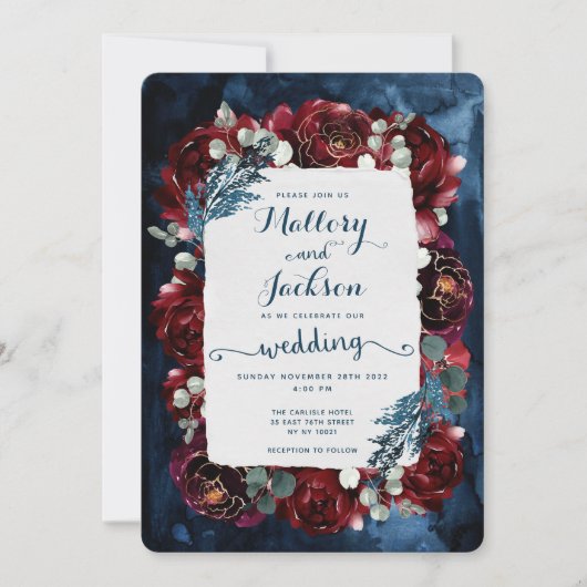 Navy Burgundy Peony Wedding Invitation Suite Einladung (Vorderseite)