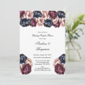 Navy Burgundy Pink Peony Wedding Couples Dusche Einladung (Stehend Vorderseite)