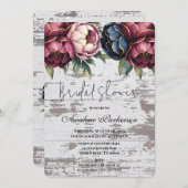 Navy Burgundy Pink Peony Wood Brautparty Einladung (Vorne/Hinten)
