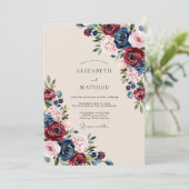 Navy Burgundy Rich Romantic Wedding Einladung (Stehend Vorderseite)