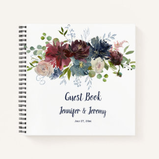 Navy Burgundy Rose Gold Floral Header Gästebuch Notizblock