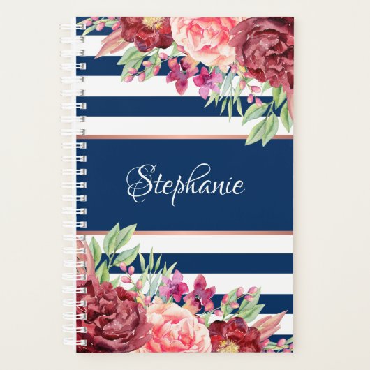Navy Burgundy Stripes Floral Monogram Planer (Vorderseite)