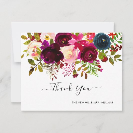 Navy+Burgundy Watercolor Bouquet Vielen Dank Save The Date (Vorderseite)