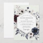 Navy Burgundy Winter Bloom Wedding Einladung (Vorne/Hinten)