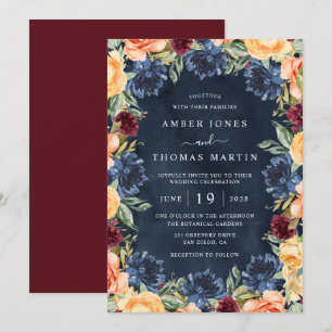 Navy Burnt Orange Burgunderrot Florale Hochzeit Einladung