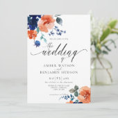 Navy Burnt Orange Floral Boho Elegant Hochzeit Einladung (Stehend Vorderseite)