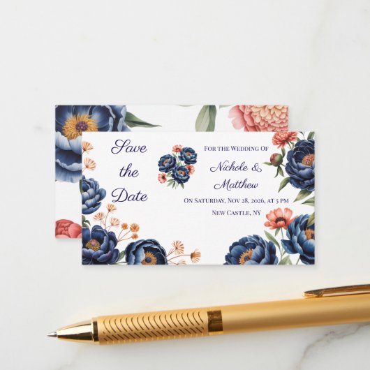 Navy & Burnt Orange Floral Save the Date Begleitkarte (Vorderseite/Rückseite Beispiel)