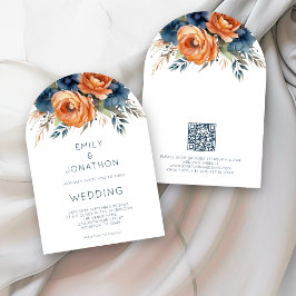 Navy Burnt Orange Florals QR Code Wedding Arch Einladung
