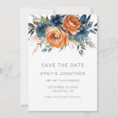 Navy Burnt Orange Florals QR Hochzeit Save The Date (Vorderseite)