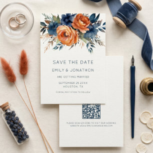 Navy Burnt Orange Florals QR Hochzeit Save The Date