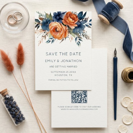 Navy Burnt Orange Florals QR Hochzeit Save The Date