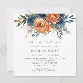 Navy Burnt Orange Florals Wedding Abend Party Einladung