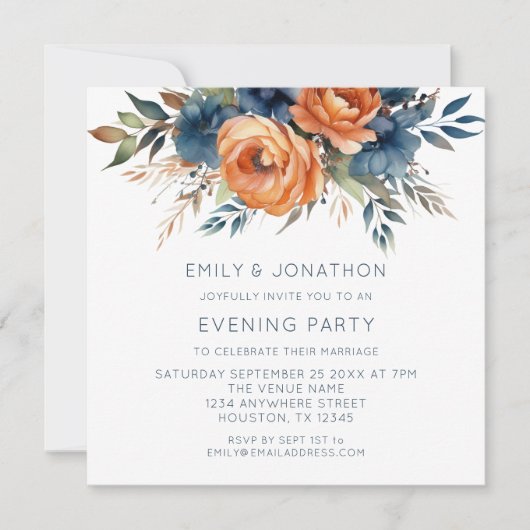 Navy Burnt Orange Florals Wedding Abend Party Einladung (Vorderseite)