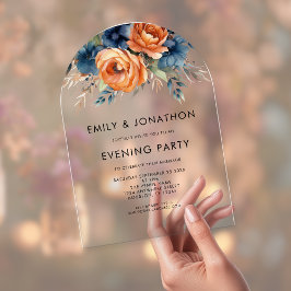 Navy Burnt Orange Florals Wedding Evening Party Acryleinladungen