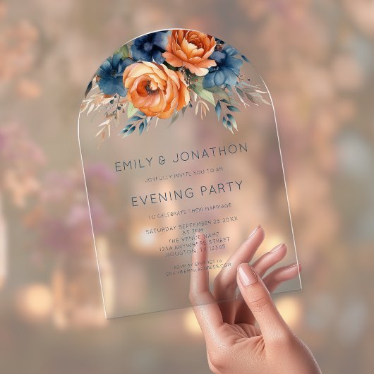 Navy Burnt Orange Florals Wedding Evening Party Acryleinladungen
