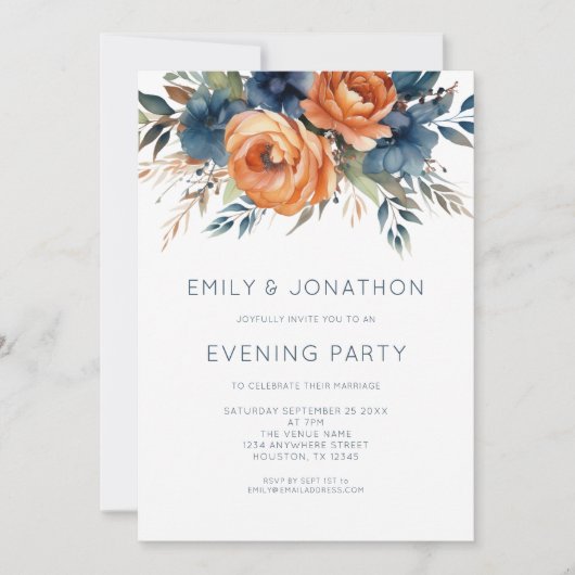Navy Burnt Orange Florals Wedding Evening Party Einladung (Vorderseite)