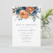 Navy Burnt Orange Florals Wedding Evening Party Einladung (Stehend Vorderseite)