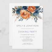 Navy Burnt Orange Florals Wedding Evening Party Einladung (Vorne/Hinten)