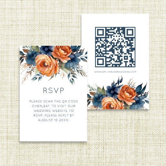Navy Burnt Orange Florals Wedding  RSVP Karte