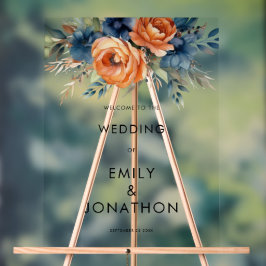 Navy Burnt Orange Florals Welcome Wedding Acrylschild
