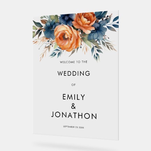 Navy Burnt Orange Florals Welcome Wedding  Acrylschild (Winkel)