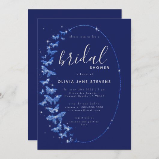 Navy Butterflies Boho Frame Elegantes Brautparty Einladung (Vorne/Hinten)