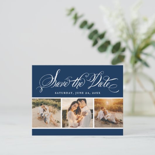 Navy Calligraphy Script Wedding Foto Collage Save The Date (Stehend Vorderseite)