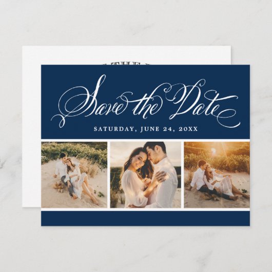 Navy Calligraphy Script Wedding Foto Collage Save The Date (Vorne/Hinten)