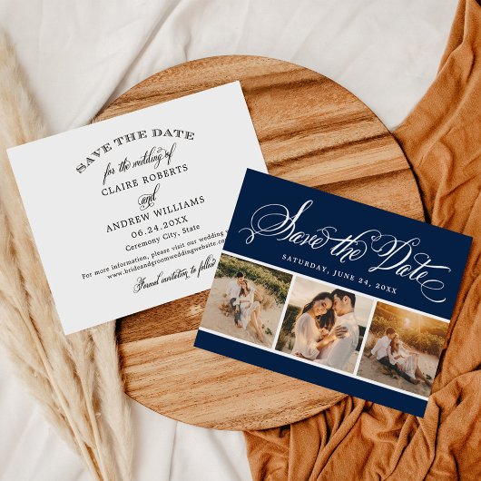 Navy Calligraphy Script Wedding Foto Collage Save The Date