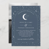 Navy Celestial Arched Wedding Invitation Foto Einladung (Vorne/Hinten)
