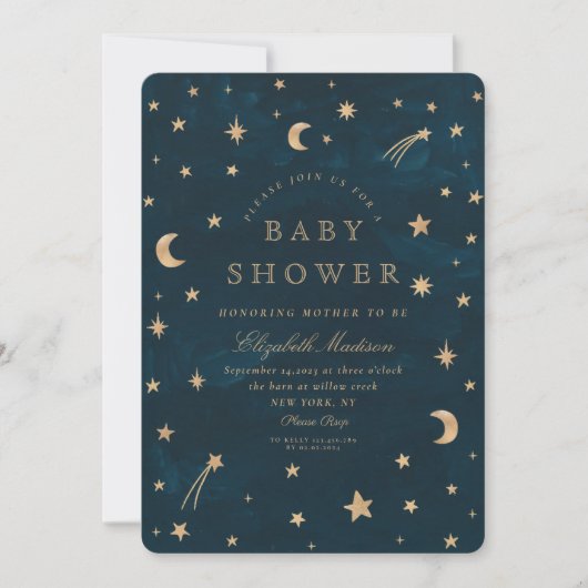 Navy Celestial Gold Stars Moon Baby Dusche Einladung (Vorderseite)