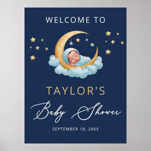 Navy Celestial Moon Stars Baby Shower Welcome Sign Poster (Vorne)