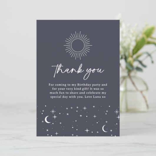 Navy Celestial Sun Danke-Card Einladung (Stehend Vorderseite)