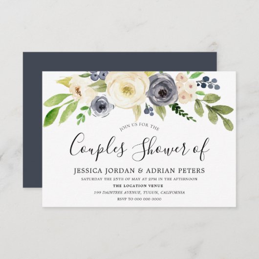 Navy & Champagne Watercolor Blume Paare Dusche Einladung (Vorne/Hinten)