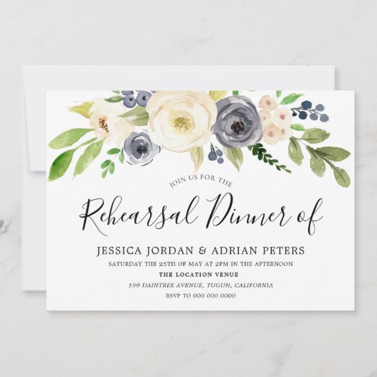 Navy Champagne Watercolor Blume Probe Dinner Einladung (Vorderseite)