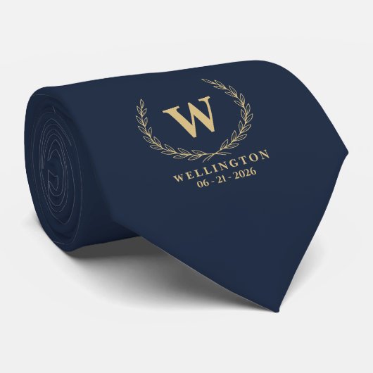 Navy Champagner Gold Lorbeer Monogramm Hochzeitsda Krawatte (Gerollt)