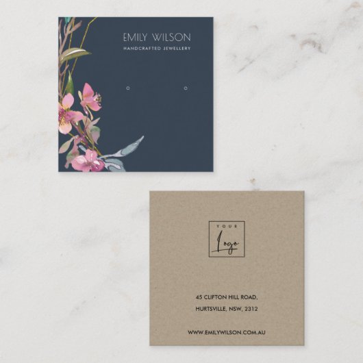 NAVY CHERRY BLOSSOM STUD EARRING DISPLAY LOGO QUADRATISCHE VISITENKARTE (Vorne/Hinten)