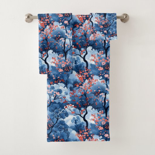 Navy Cherry Blossom Trees Badhandtuch Set (Insitu)