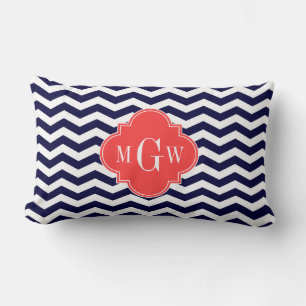 Navy Chevron Korallenrot Quatrefoil 3 Monogramm Tn Lendenkissen
