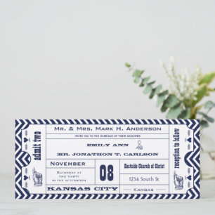 Navy-Chevron-Zickzack-Vintage-Moderne-Ticket-Hochz Einladung