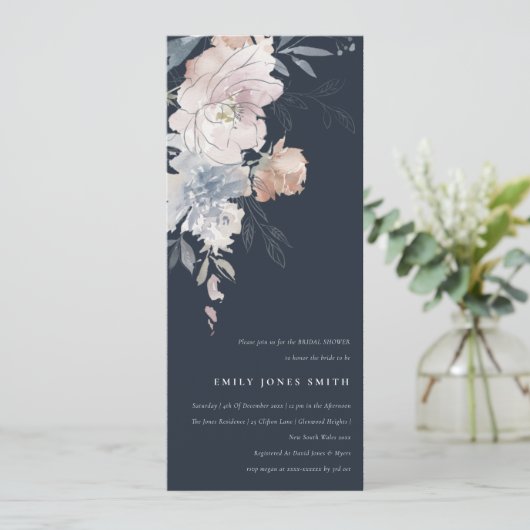 Navy Chic Blush Watercolor Brautparty Einladung (Stehend Vorderseite)