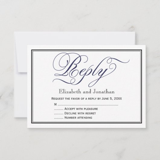 Navy Chic Calligraphy Script Wedding Repcard RSVP Karte (Vorderseite)