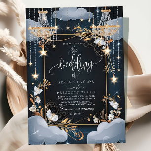 Navy Chic Golden Chandelier Wedding Einladung