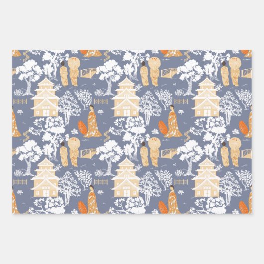 Navy Chinoiserie Birds and Pagodas Geschenkpapier Set (Vorderseite 3)